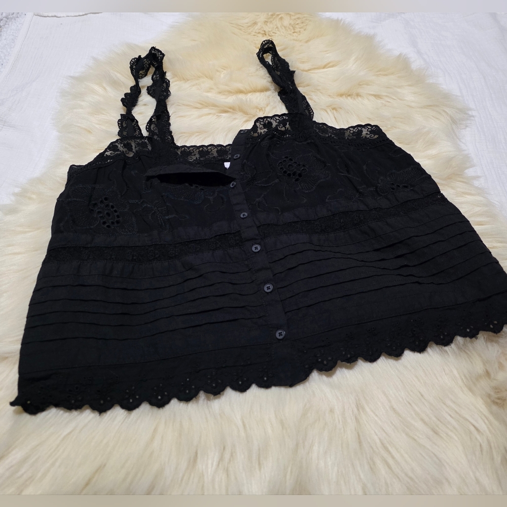 BB Dakota Womens Large Eyelet Crop Tank  Black Sleeveless Knit  Lace Casual